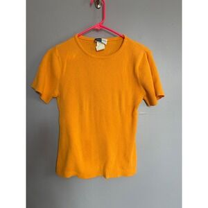 Vintage Beldoch Popper Orange Yellow Ribbed Knit Short Sleeve Crew Neck Top LG